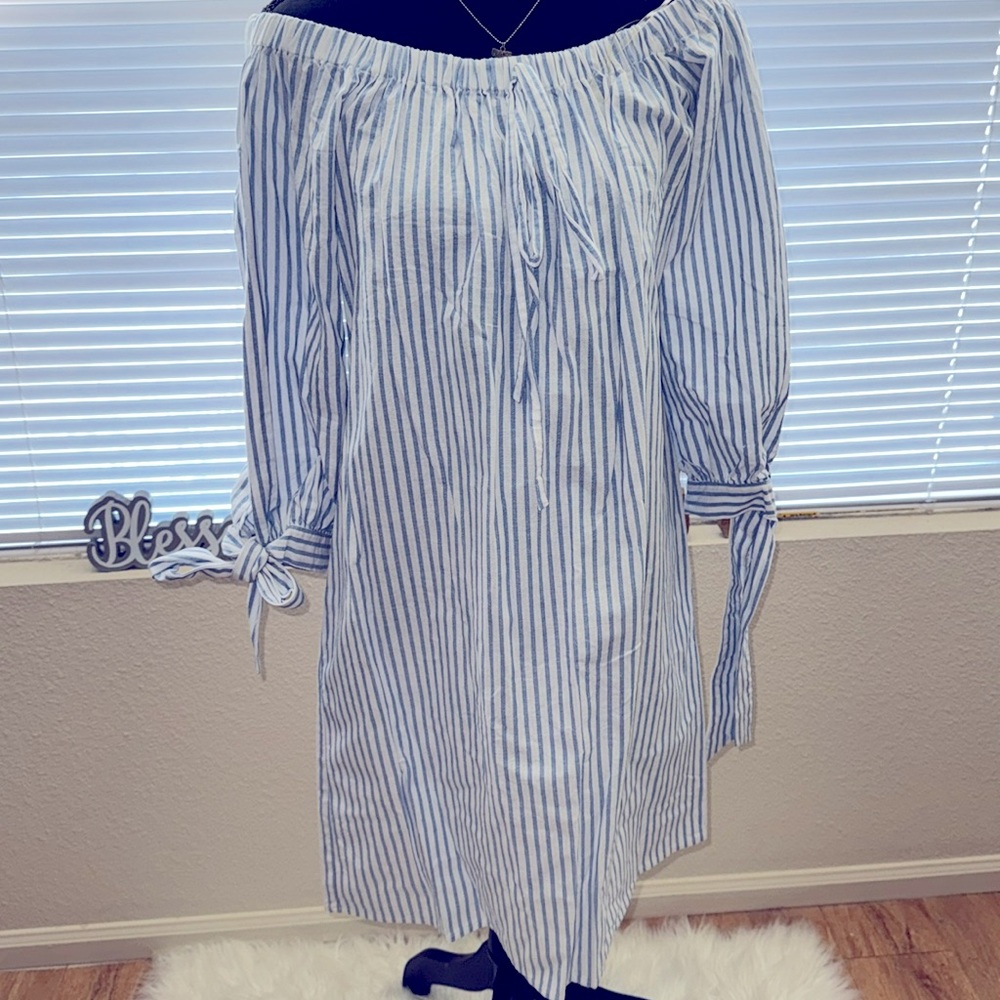 Candalite blue and white striped off the shoulder dress, gently worn size Lg.